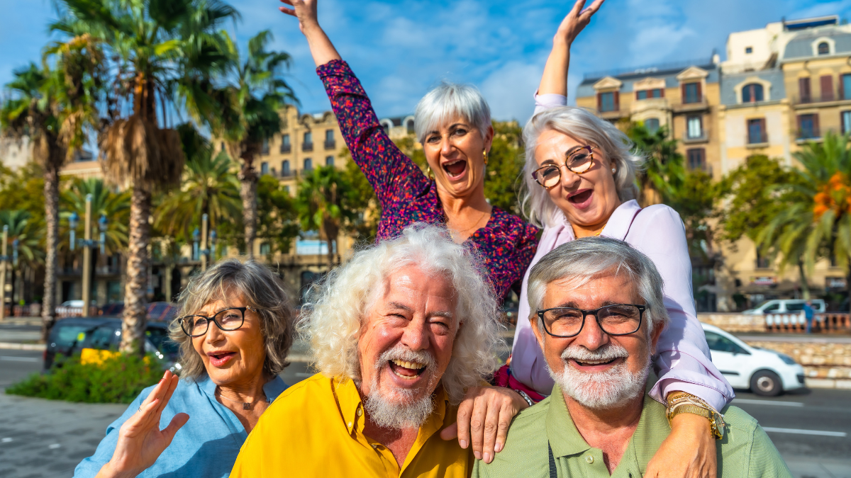 happy seniors traveling together